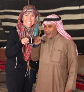 Linda Smith, enjoying a tea at Wadi Rum.